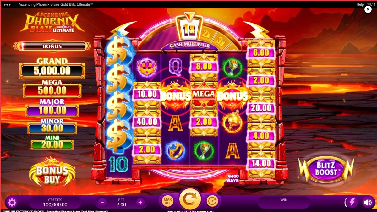 Tampilan visual slot Ascending Phoenix Blaze Gold Blitz Ultimate dengan elemen api dan emas.